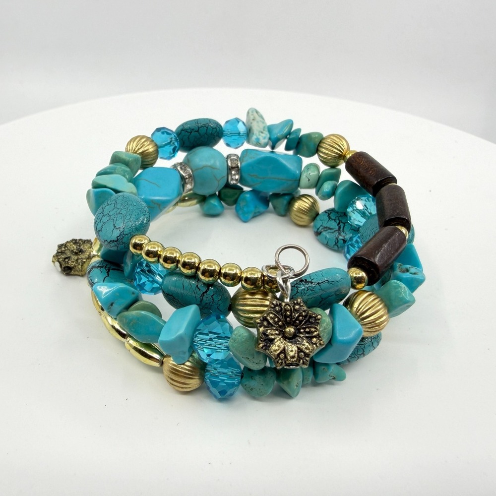 Boho Turquoise Chip Bead Stack Bracelet Gold Tone Flower Charm Layered Jewelry